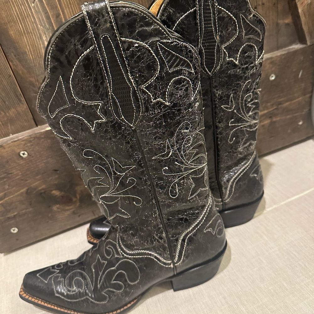 J.B. Dillon Black Goat Leather Lizard Inlay Heeled Boots